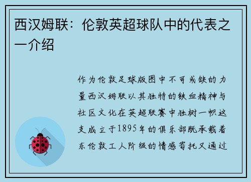 西汉姆联：伦敦英超球队中的代表之一介绍